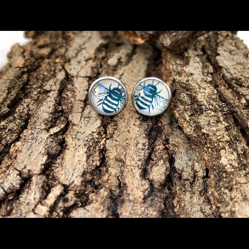 NWT! Cream/Navy BZZZ Sterling Steel Earrings Studs